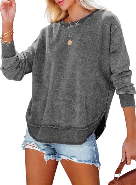 Dokotoo Women S Casual Crewneck Solid Color Sweatshirt With Side Split