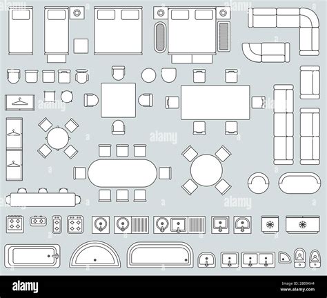 Top View Interior With Line Furniture Icons Vector Set Of Furniture