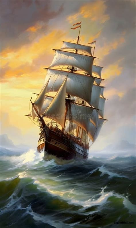 Fantasy Ship Sailing On Top Of The Ocean With Sails Bottom View