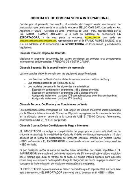 Contrato De Compra Venta Internacional Pdf Pagos Carta De Crédito