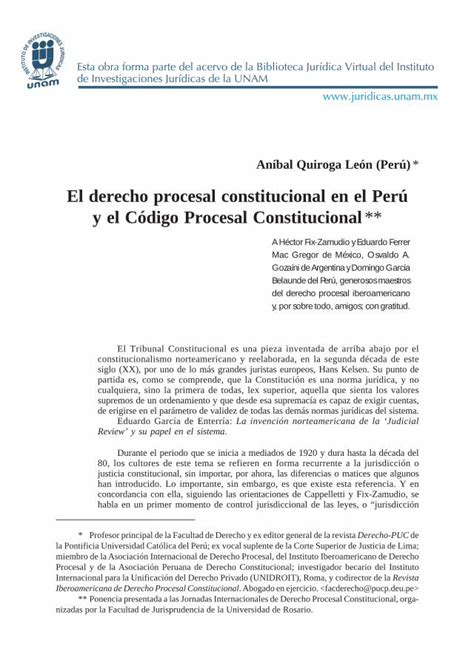 Pdf El Derecho Procesal Constitucional En El Per Y El Historico