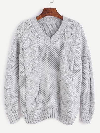 Grey V Neck Cable Knit Sweater Shein Sheinside