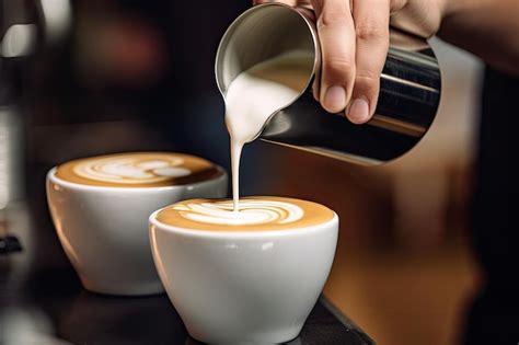 Premium Ai Image Barista Pouring Milk Into A Cup Of Latte Art Coffee