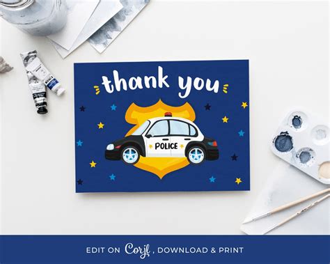 Police Thank You Card Ready To Print Officer Car Birthday Etsy