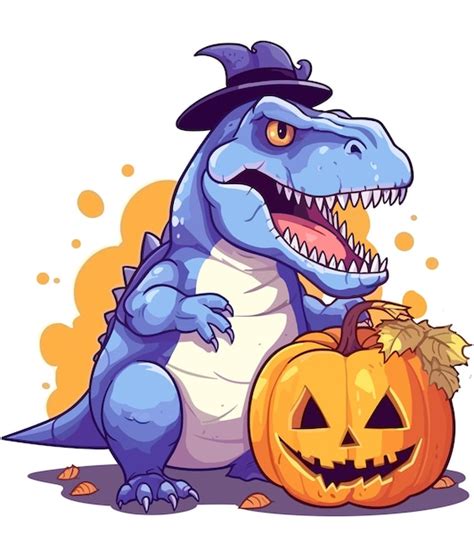 Premium Vector A Blue Dinosaur Wearing A Hat And Holding A Pumpkin