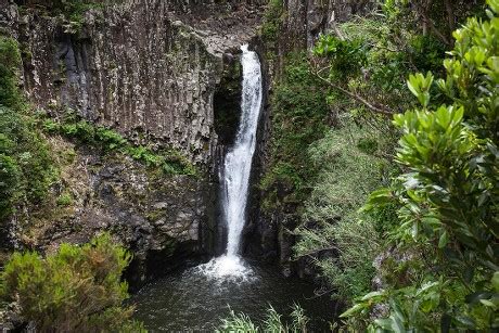 Waterfall Over Basalt Columns Near Fazende Editorial Stock Photo