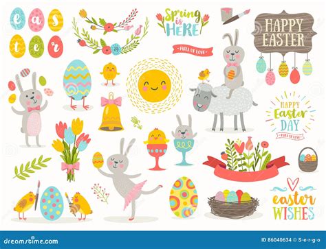 Set Of Easter Cartoon Characters And Design Elements Stock Vector