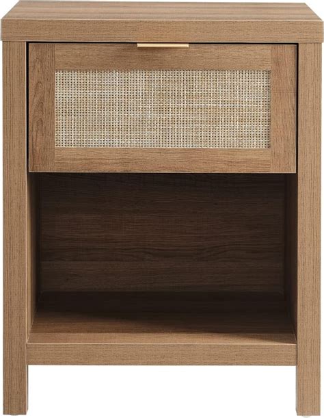 The Side Table Has An Open Drawer And Is Made Out Of Wood With Rattan