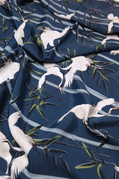 Tissu Japonais Tsuru Grues Fond Bleu Tsuru Grue Japonais Soie