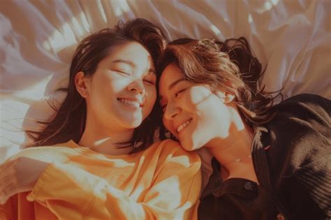Happy Asian Lesbian Couple Lying On The Bed In The Bedroom Premium Ai Generated Image