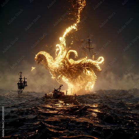 Kraken On Fire Scary Giant Squid Octopus With Dark Eyes Sea Giant