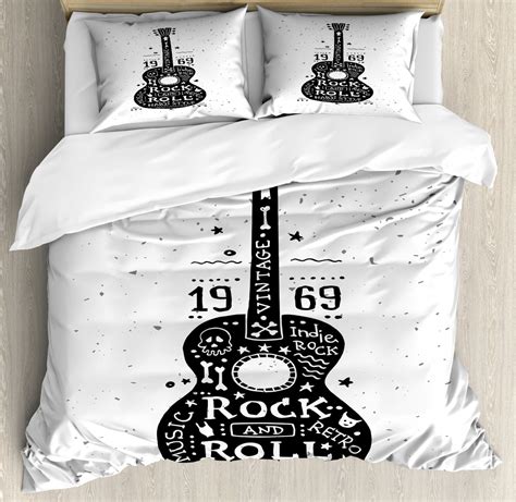 Guitar Duvet Cover Set Queen Size Hand Drawn Style Instrument With