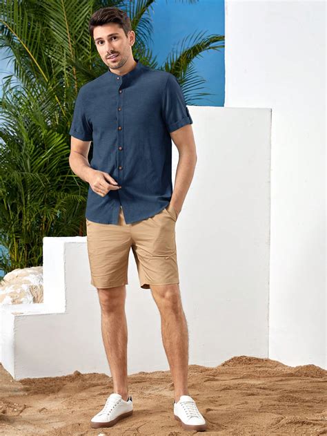 Manfinity Basics Hombres Camisa algodón unicolor con botón Moda de