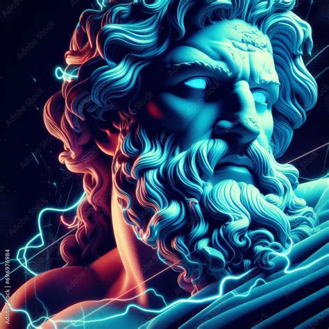 Ancient Statue Of Greek God Head Creative Concept Colorful Neon Image