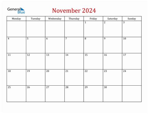 November Simple Calendar With Monday Start