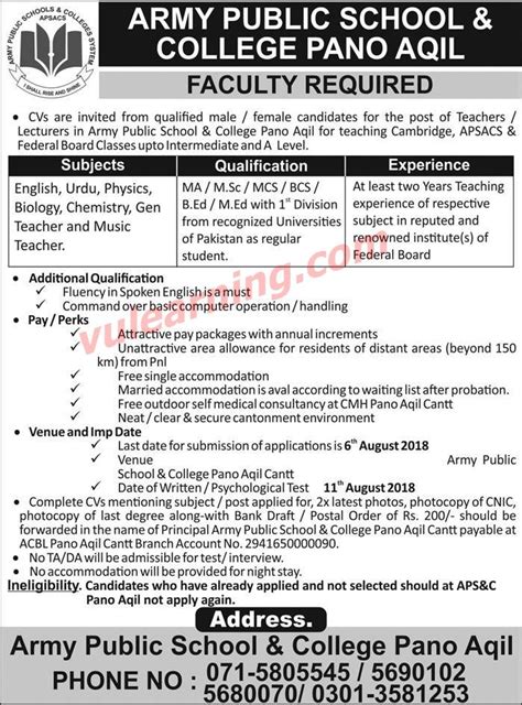 Army Public School College Pano Aqil Jobs