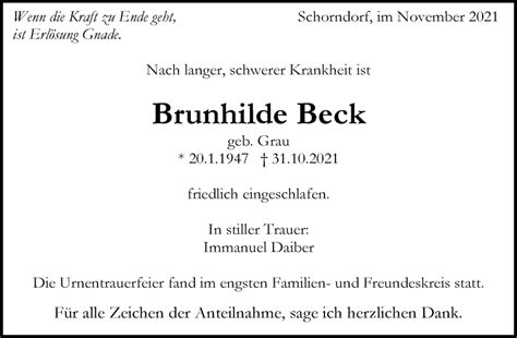 Traueranzeigen Von Brunhilde Beck ZVW Trauer