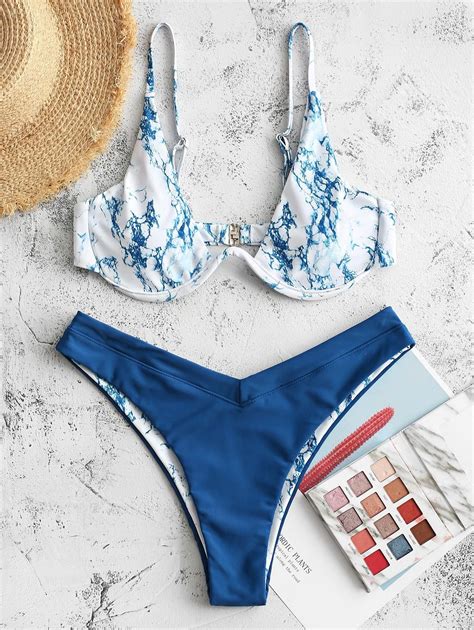 Zaful Marble Print Underwired High Leg Bikini Swimsuit Blueberry Blue