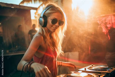 Attractive DJ Girl At The Hot Dance Beach Party DJ Console Turntable Headphones Evening