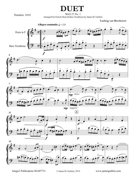 Beethoven Duet WoO 27 No 1 For French Horn Bass Trombone Arr