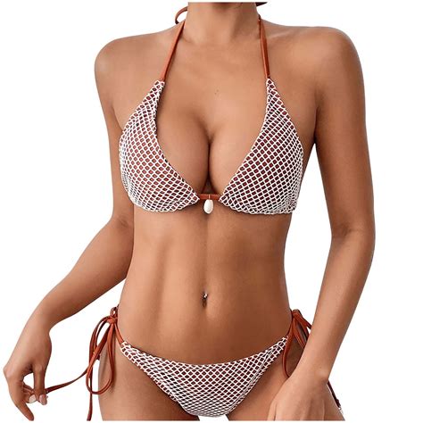 Zqgjb Women S Triangle Bikini Multiway Fishnet Tie Side Bandeau Halter String Bikini Set Sexy