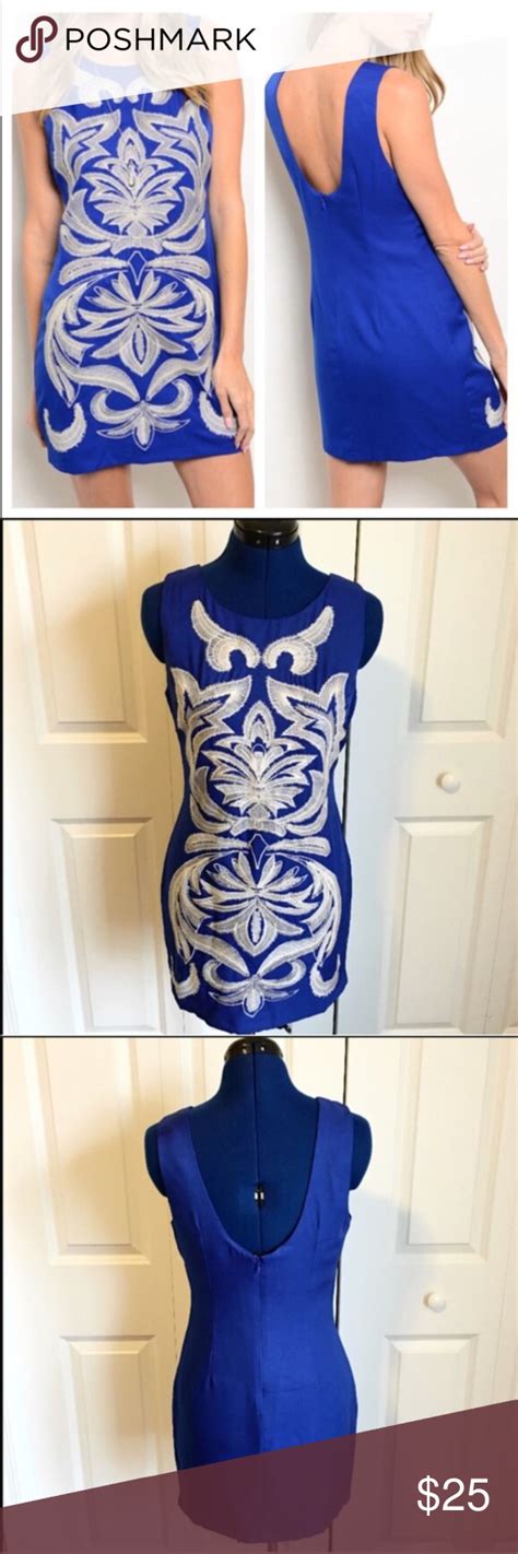 Royal Blue Patterned Mini Dress With Low Back