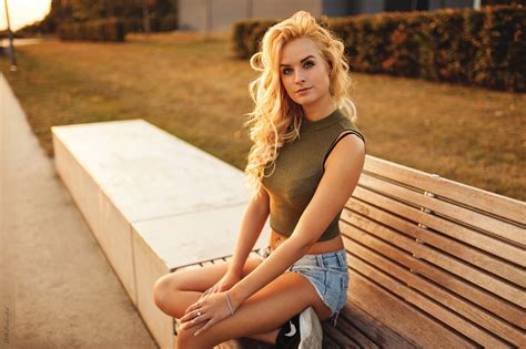 Women Blonde Sitting Blue Eyes Pierced Navel Sneakers Sunset