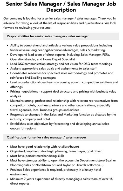 Senior Sales Manager Sales Manager Job Description Velvet Jobs