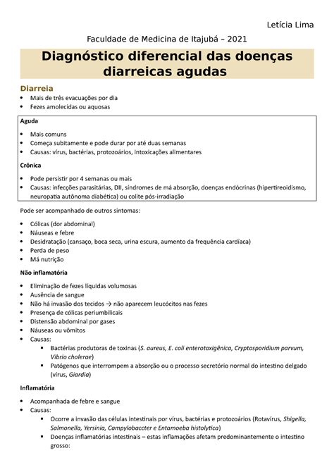 Diagn Stico Diferencial Das Doen As Diarreicas Agudas Let Cia Lima