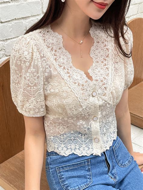 Dazy Scallop Trim Puff Sleeve Lace Blouse Artofit