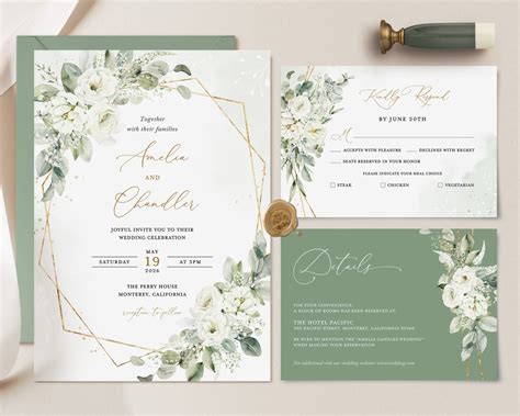 Sage Green Wedding Invitation Template Gold And White Floral Etsy