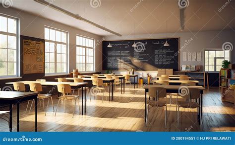 School Classroom With School Desks And Blackboard Generative Ai Stock Illustration