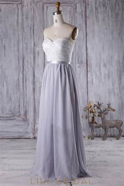 Sweetheart Strapless Floor Length Lace Chiffon Bridesmaid Dress With