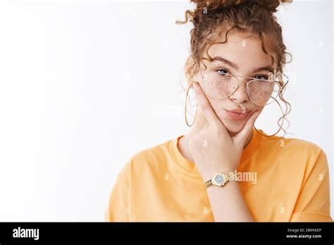 Close Up Confident Attractive Lesbian Girl Curly Haired Ginger Hair Freckled Make Smug Rubbing