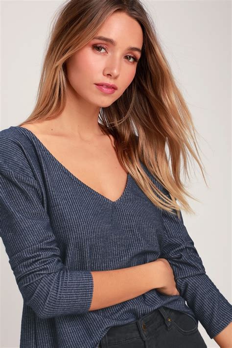 Cute Navy Blue Top Long Sleeve Top V Neck Top Lulus