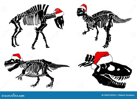 Graphical Dinosaur Skeletons In Santa Claus Hats Isolated On White