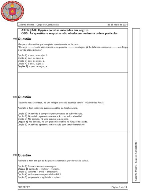 Provas Anteriores Oficial Bombeiro Rj Pdf - Gabarito Prova Bombeiro RJ 2014 | PDF | Assunto (gramática) | Comunicação