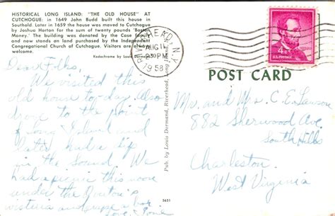 Postcard 1958 Cutchogue Old House Historical Long Island New York B34