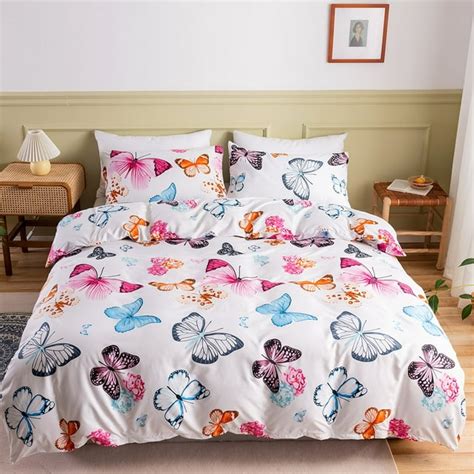 Purple Flower Duvet Cover Set Queen Size Blue Butterfly Comforter