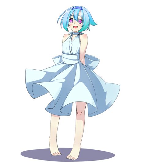 Safebooru Arms Behind Back Bare Shoulders Barefoot Blue Hair Blush Dress Hairband Highres Open