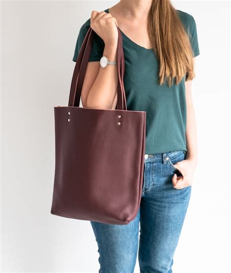 Burgundy Leather Tote Bag Red Leather Purse Natural Etsy