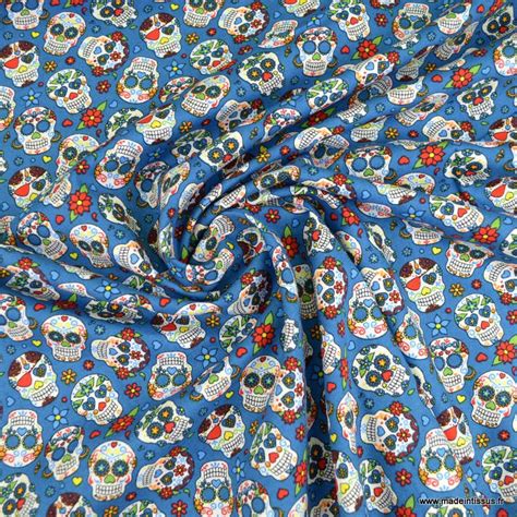 Tissu Popeline T Tes De Mort Calaveras Fond Bleu Oeko Tex