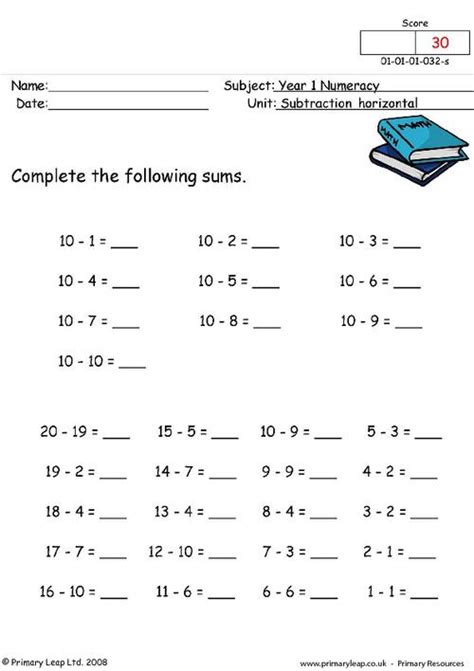 Numeracy Subtraction Horizontal 1 Worksheet Uk Worksheets Library