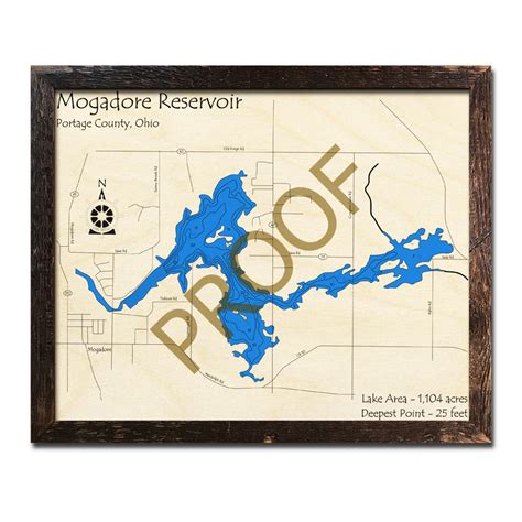 Mogadore Reservoir Oh D Wood Map Laser Etched Nautical Decor