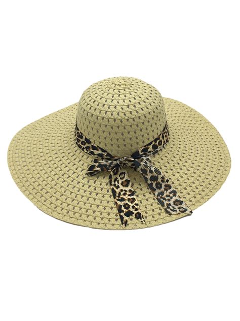 Womens Summer Beach Panama Straw Hat Wide Brim Leopard Bow Floppy Straw