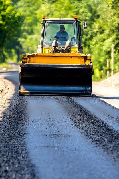 Premium Photo A Yellow Bulldozer Is Driving Down A Road With Trees In