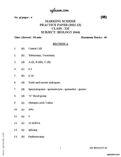 Class Sample Paper Solution Biology Term