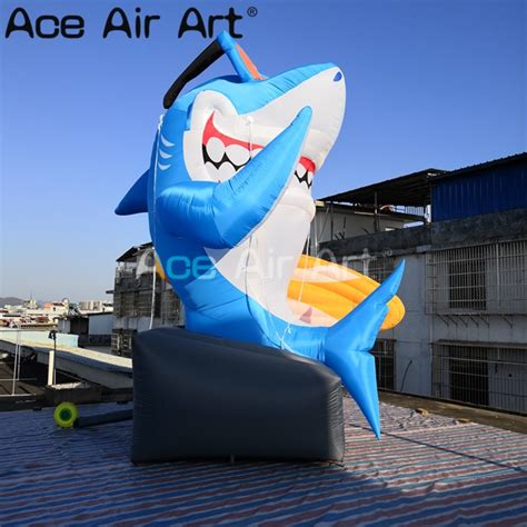 Customize Giant Ocean Theme Inflatable Shark Sitting On The Stone With