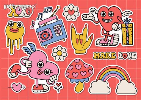 Trendy Groovy Valentines Day Sticker Set Retro Cartoon Style