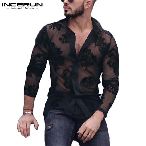 Incerun Camisa Preta Masculina De Lapela De Manga Comprida Transparente